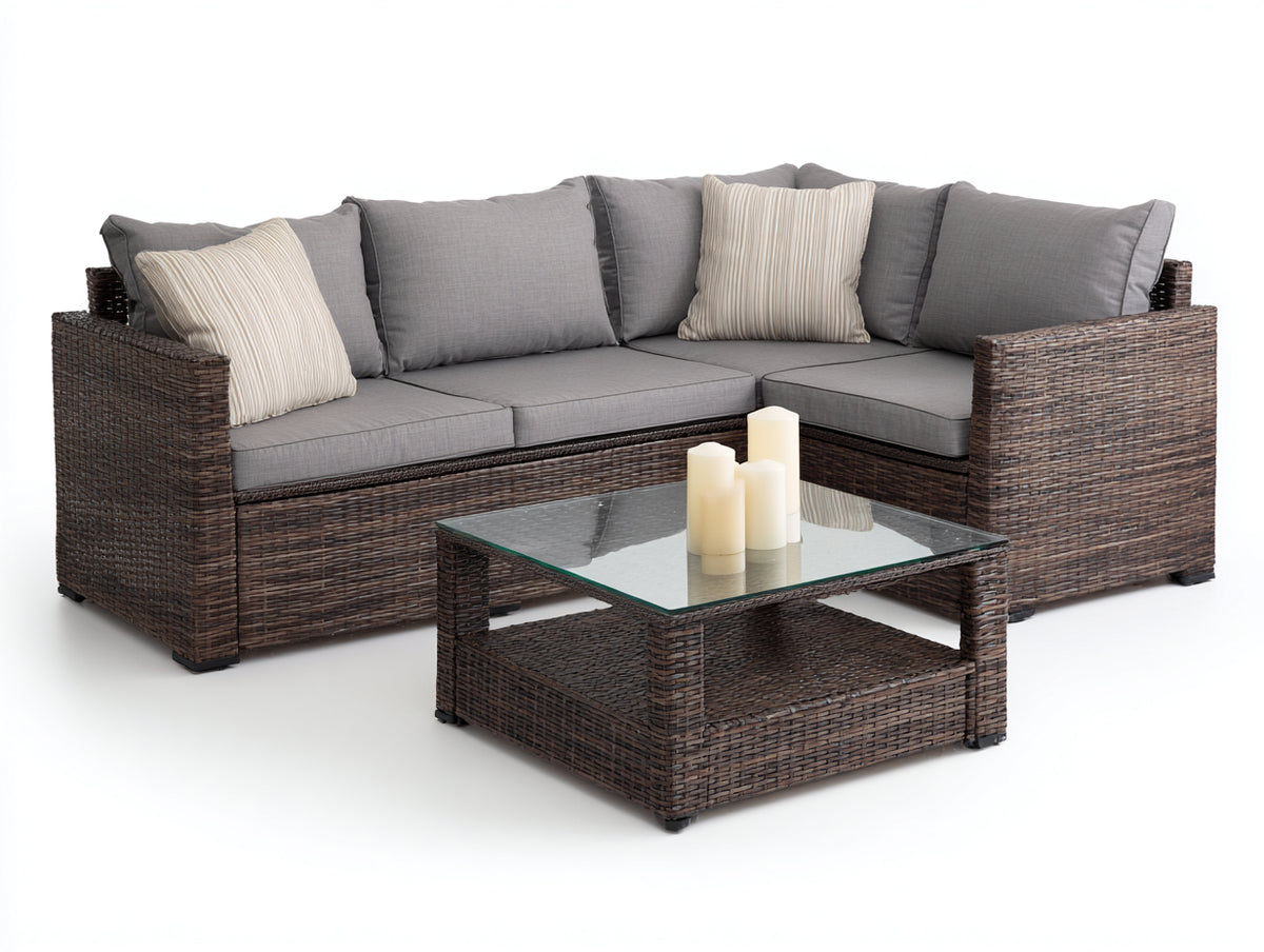 Canapé de jardin - Résine tressée-Tissu - 236 x 180 x 78 cm - Gris moyen-Brun foncé - Style contemporain