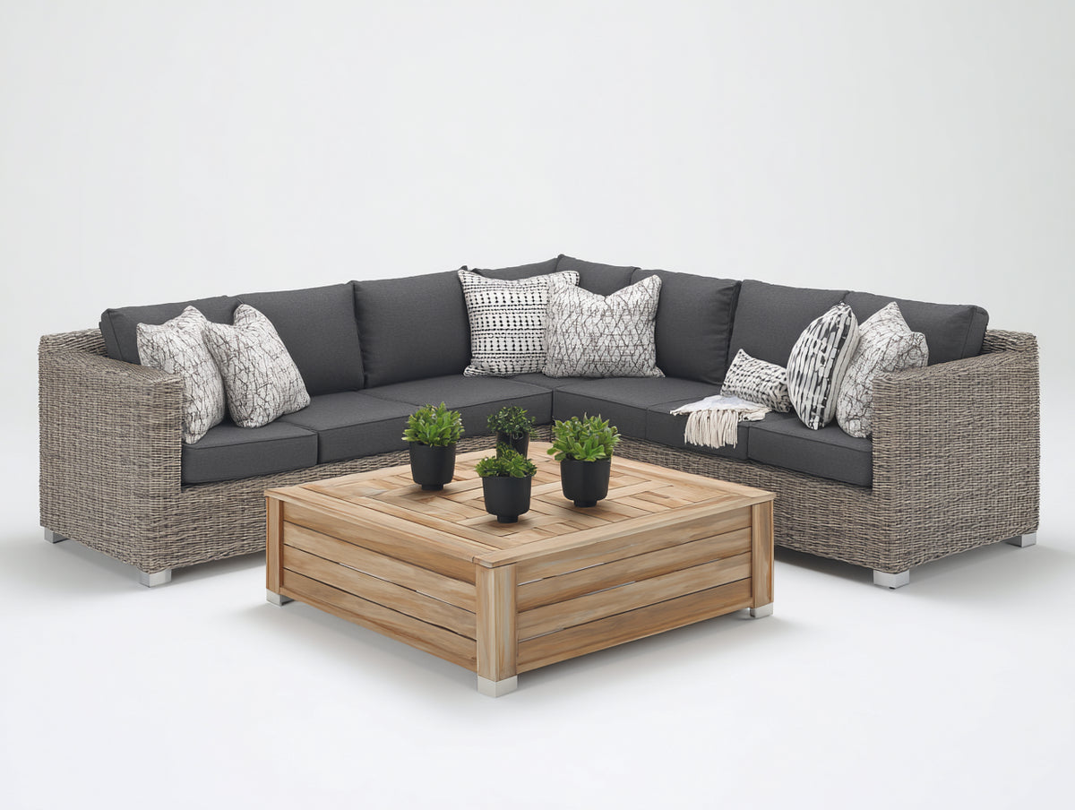 Canapé de jardin - Résine tressée-Tissu-Bois - 260 x 260 x 79 cm - Gris anthracite-Grège-Bois naturel - Style contemporain
