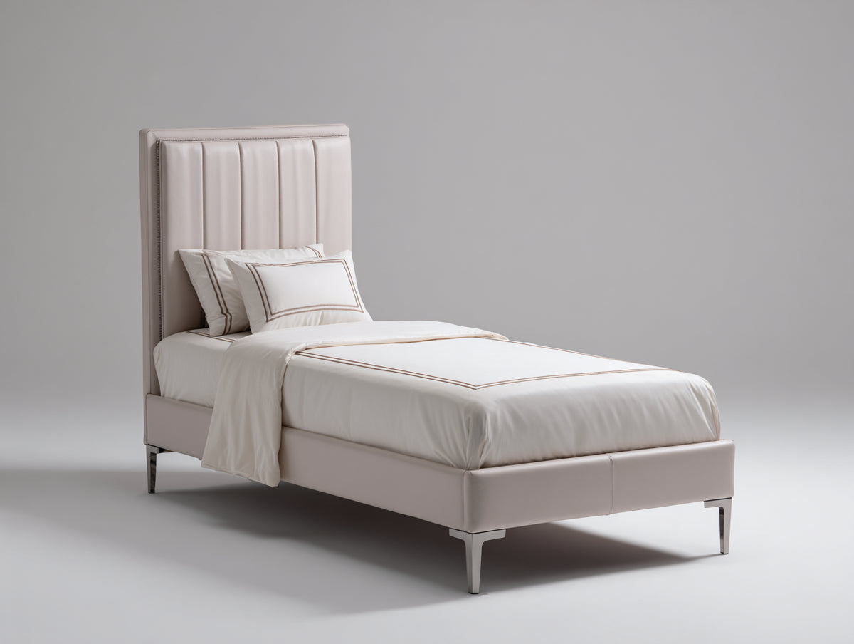 Lit simple - Tissu-Métal - 210 x 105 x 125 cm - Beige rosé - Style contemporain