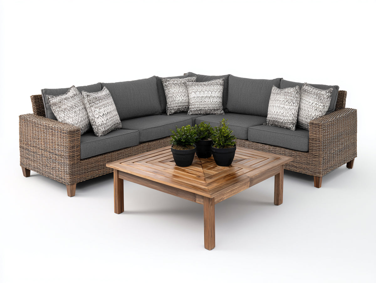 Canapé de jardin - Résine tressée-Tissu-Bois - 262 x 262 x 79 cm - Gris anthracite-Brun grisé-Bois naturel - Style contemporain