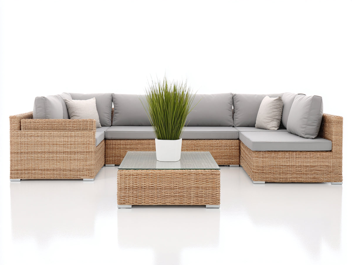 Canapé de jardin - Résine tressée-Tissu - 318 x 205 x 77 cm - Gris clair-Rotin naturel - Style contemporain
